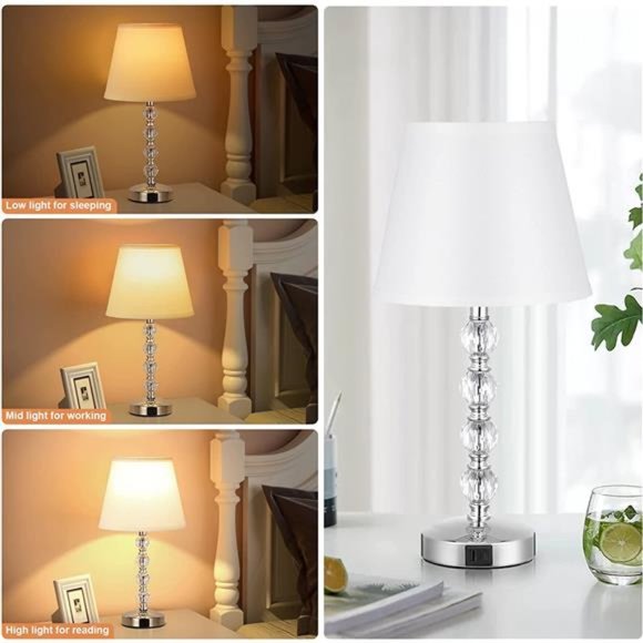 Bedside Lamps for bedrooms Set of 2 - Crystal Nightstand Bedroom Lamps with USB - Picture 2 of 6